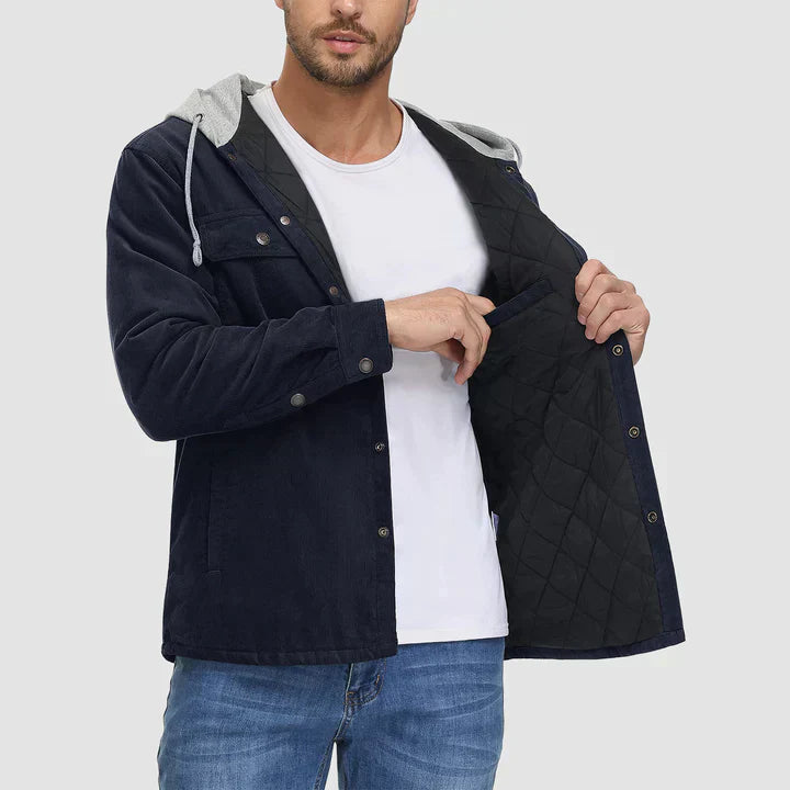 Herren Cordjacke mit Kapuze, gesteppt, Knopfleiste, 5 Taschen, warm, lässig, Wintermantel.