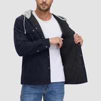 Herren Cordjacke mit Kapuze, gesteppt, Knopfleiste, 5 Taschen, warm, lässig, Wintermantel.