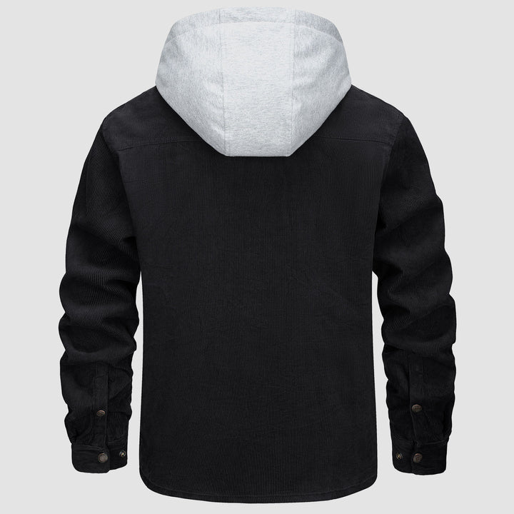 Schwarze Cordjacke mit grauer Kapuze, Herren, warm, Winter, 5 Taschen, Knopfverschluss.
