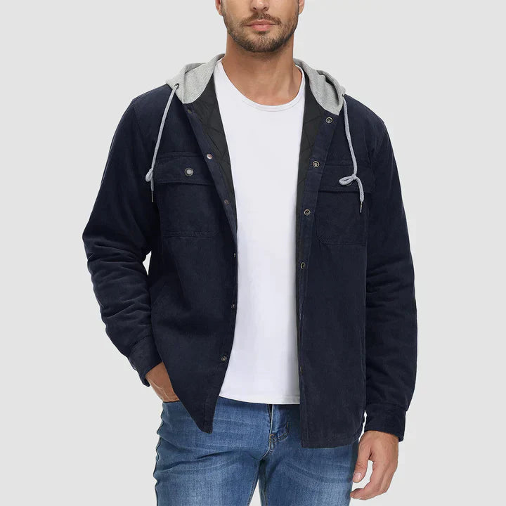 Herren Cordjacke mit Kapuze, gefüttert, Knopfleiste, 5 Taschen, warm, schwarz, Wintermode.