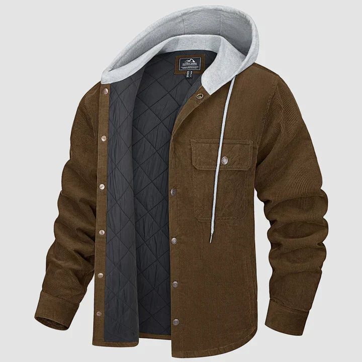 Braune Herren-Cordjacke mit Kapuze, Steppfutter, Knopfleiste, 5 Taschen, Wintermantel.