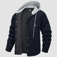 Herren Cordjacke mit Kapuze, gesteppt, Knopfleiste, warm, 5 Taschen, Wintermantel, schwarz.