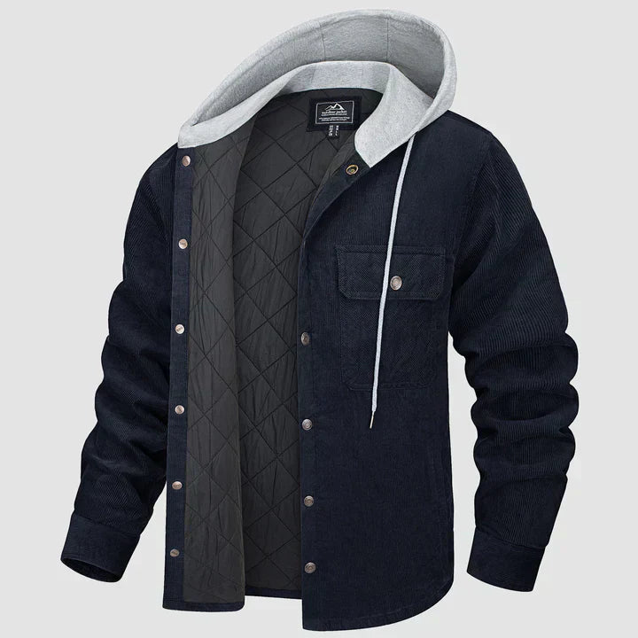 Herren Cordjacke mit Kapuze, gesteppt, Knopfleiste, warm, 5 Taschen, Wintermantel, schwarz.