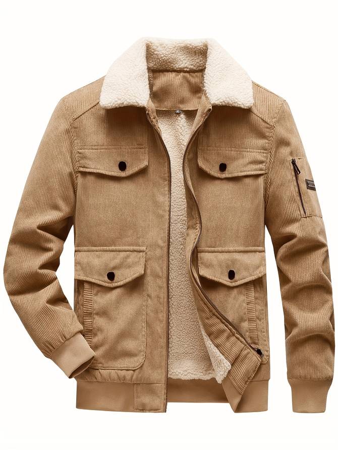 Beige Herrenjacke aus Cord mit Teddyfutter, Reißverschluss, Taschen, Wintermode.