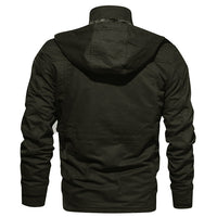 Schwarze Herrenjacke mit Kapuze, Baumwolle, lässig, Rückansicht, modisch, Outdoor-Bekleidung