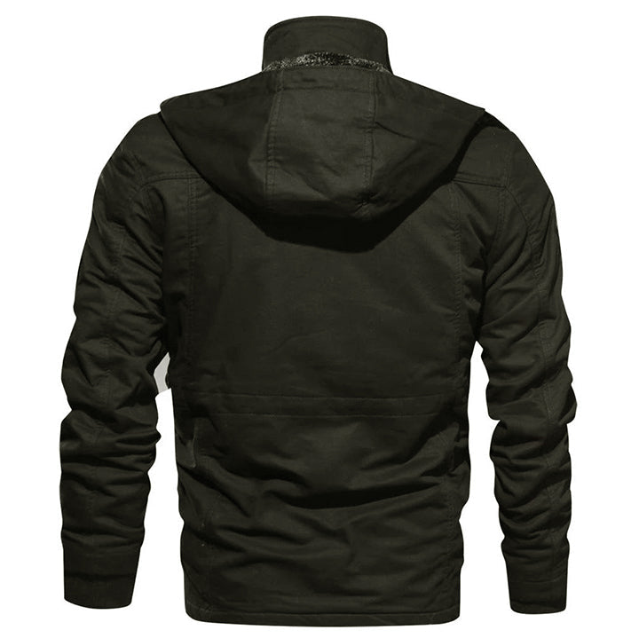 Schwarze Herrenjacke mit Kapuze, Baumwolle, lässig, Rückansicht, modisch, Outdoor-Bekleidung