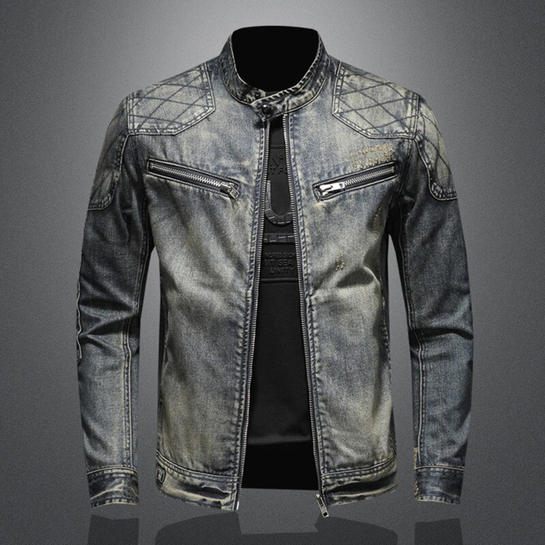 Herren-Jeansjacke, blau, Reißverschlüsse, Stehkragen, modisch, lässig, Denimjacke.
