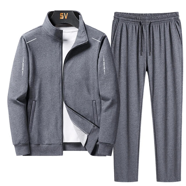 Zweiteiliges graues Herren-Trainingsanzug-Set, Sweatshirt und Jogginghose, Streetwear.