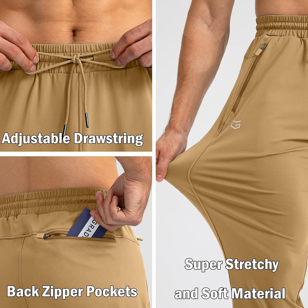 Beige Herren-Jogginghose, verstellbarer Kordelzug, Reißverschlusstaschen, elastisches Material.
