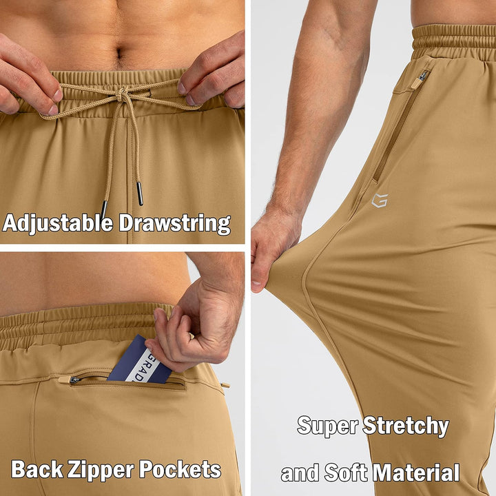 Beige Herren-Jogginghose, verstellbarer Kordelzug, Reißverschlusstaschen, elastisches Material.