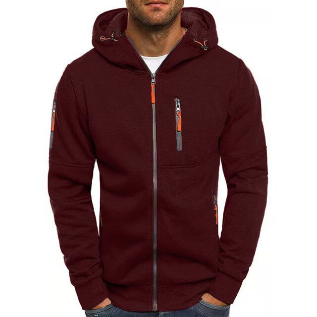 Bordeaux Herren-Hoodie mit Reißverschluss, Kapuze und Taschen, Streetwear, Freizeitmode.
