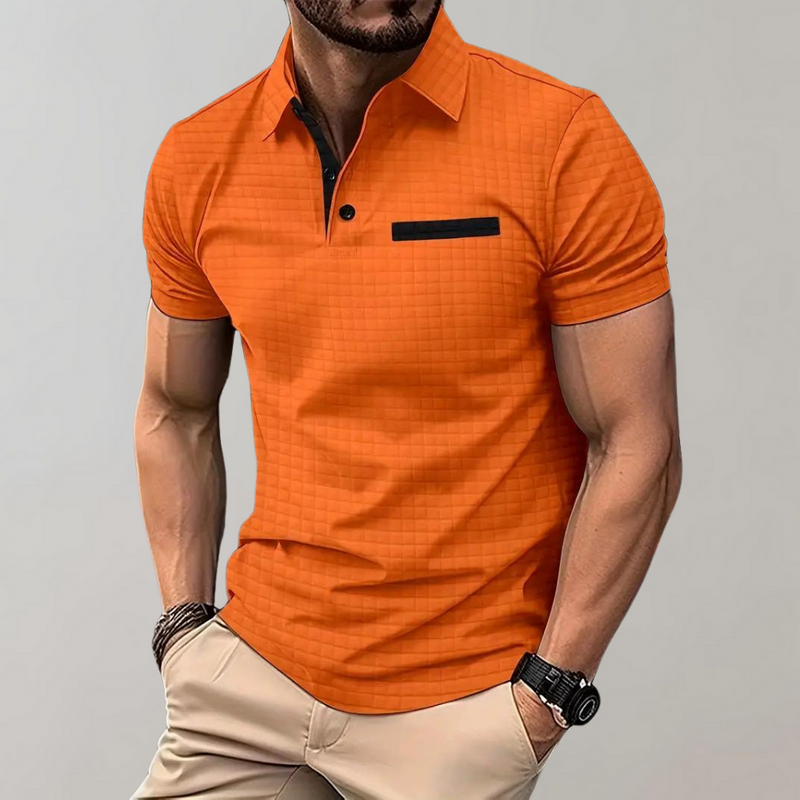 Herren-Poloshirt orange, kurzärmelig, Baumwolle, modisch, Freizeitkleidung, Sommermode.