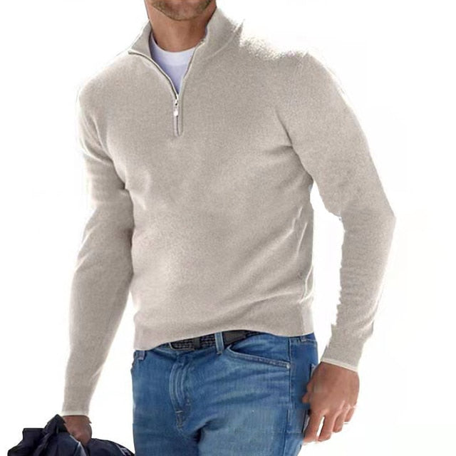 Herren-Pullover, beige, Reißverschluss, Langarm, Baumwolle, casual, modisch, Frühling, Herbst.