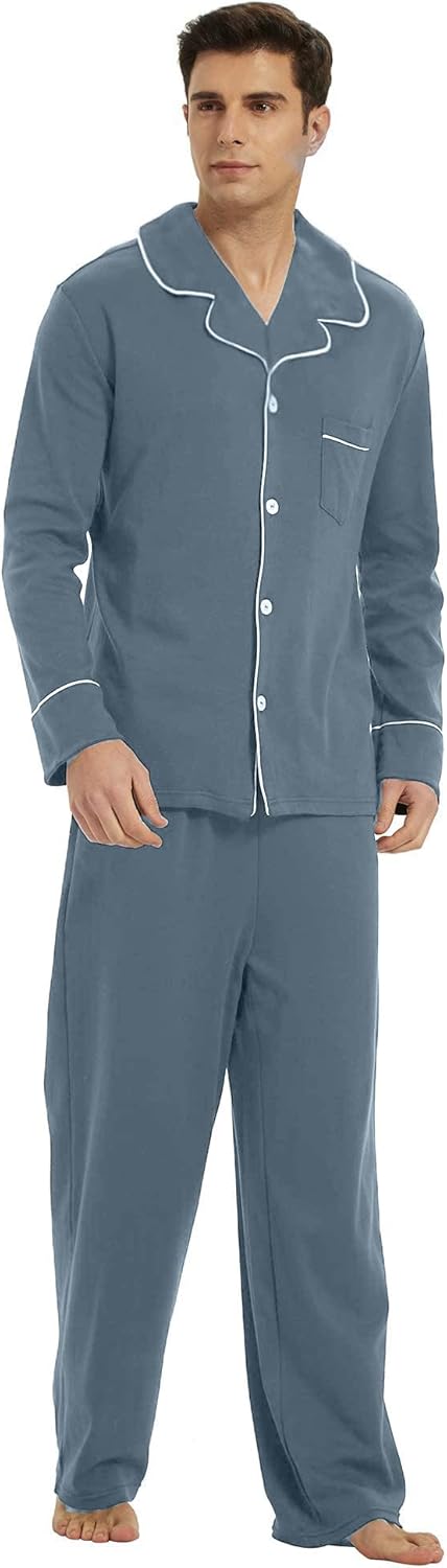 Männer Pyjama Set, blau, Baumwolle, Langarm, Knopfleiste, bequem, Nachtwäsche, Herrenmode