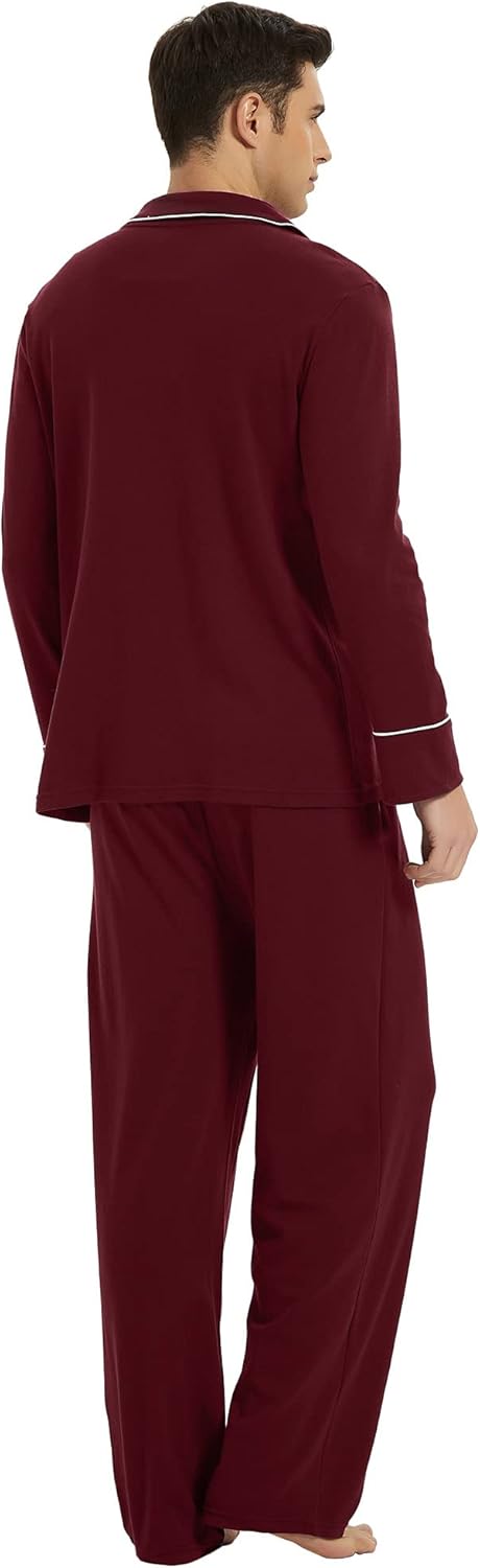 Bordeaux Herren-Pyjama-Set, langärmelig, weiche Baumwolle, bequem, Nachtwäsche.