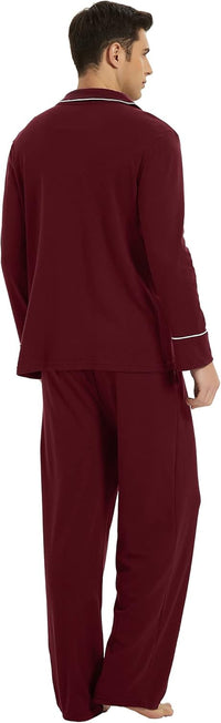 Bordeaux Herren-Pyjama-Set, langärmelig, weiche Baumwolle, bequem, Nachtwäsche.