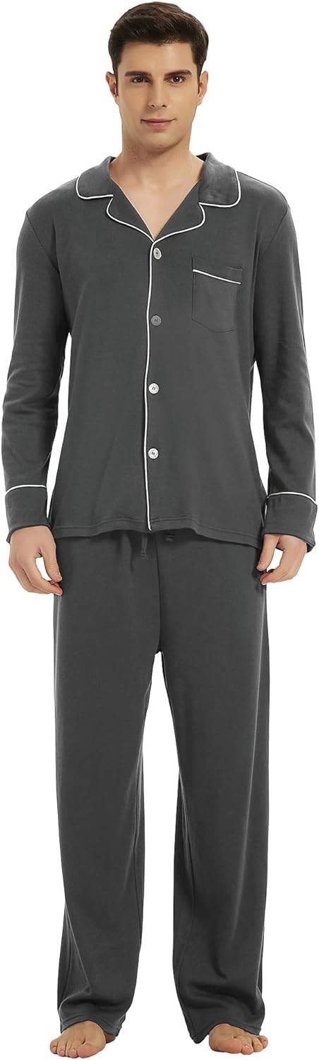 Dunkelgrauer Herren-Pyjama-Set, Langarm, Knopfleiste, Baumwolle, bequem, Nachtwäsche.