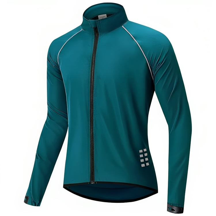 Grüne Herren-Radjacke, langärmelig, winddicht, atmungsaktiv, mit Reißverschluss.