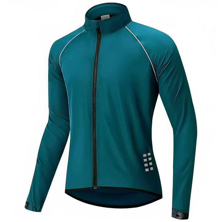 Grüne Herren-Radjacke, langärmelig, winddicht, atmungsaktiv, mit Reißverschluss.