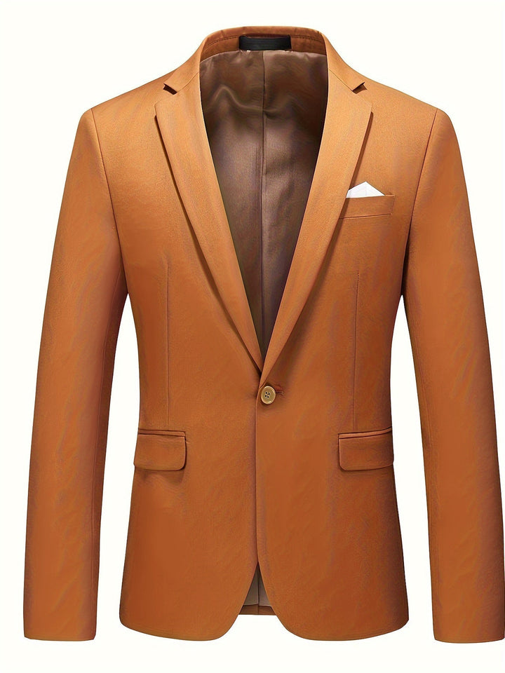 Herren Sakko, orange, einreihig, mit Einstecktuch, elegantes Design, für formelle Anlässe.