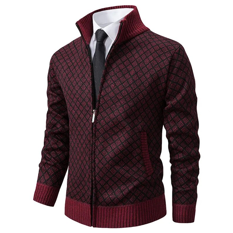 Bordeauxfarbener Herren-Strickjacke mit Reißverschluss, Rautenmuster, eleganter Stil, Wintermode.