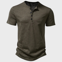Olivgrünes Herren-Henley-Shirt, Kurzarm, Baumwolle, Knopfleiste, lässig, modisch.