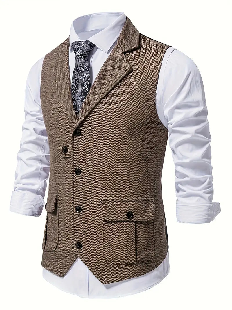 Braune Herrenweste aus Tweed mit Fischgrätmuster, elegantes Design, ideal für formelle Anlässe.