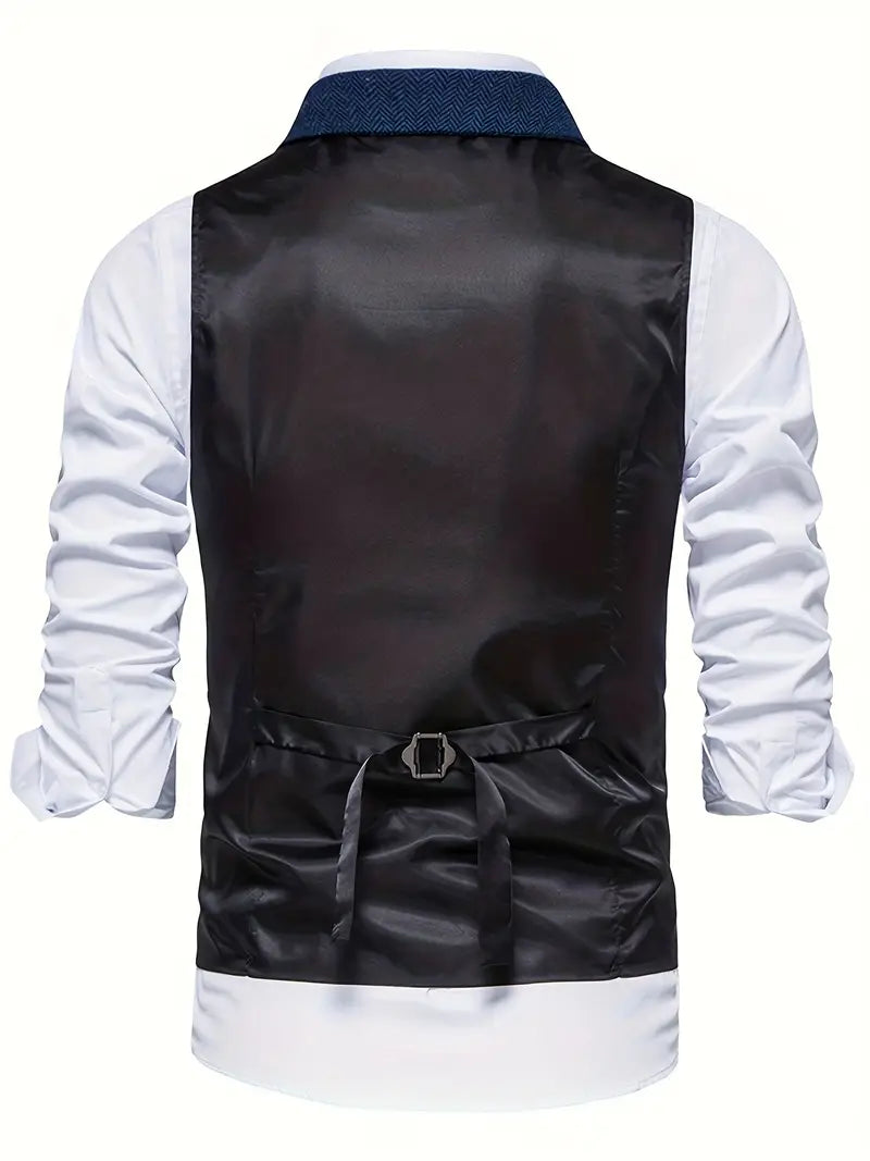 Herrenweste schwarz, Rückansicht, elegantes Design, verstellbarer Riemen, formelle Kleidung