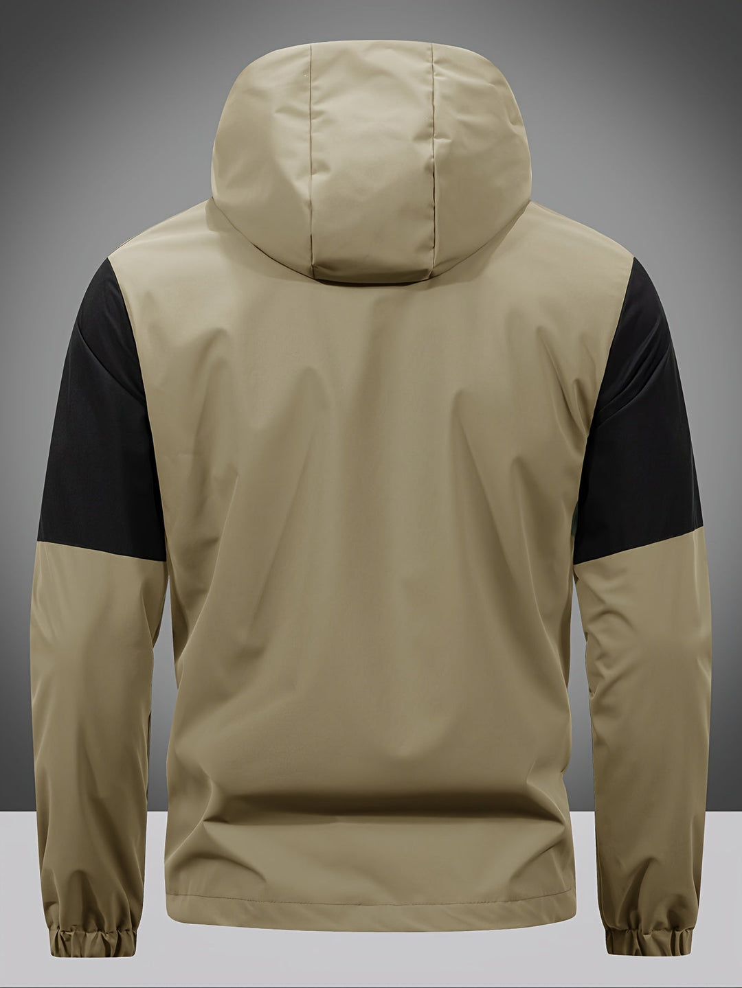Beige und schwarze Herren-Windjacke mit Kapuze, wasserabweisend, Outdoor-Bekleidung.