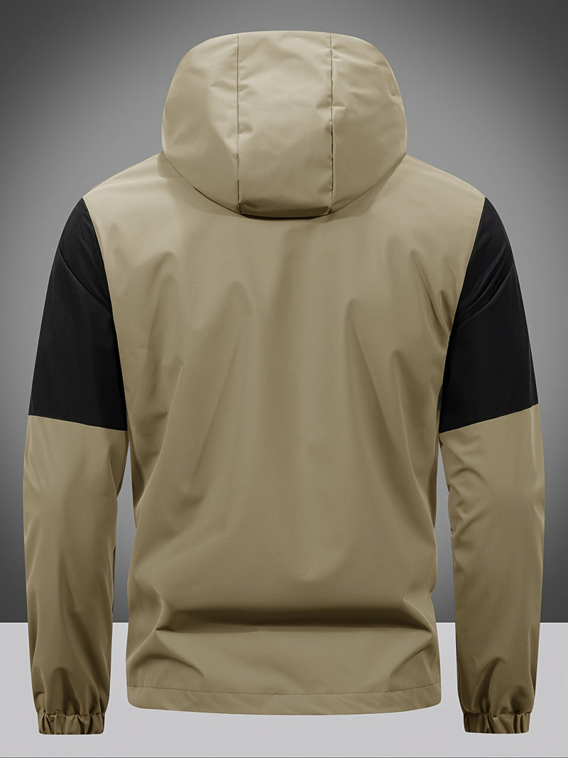 Beige und schwarze Herren-Windjacke mit Kapuze, wasserabweisend, Outdoor-Bekleidung.
