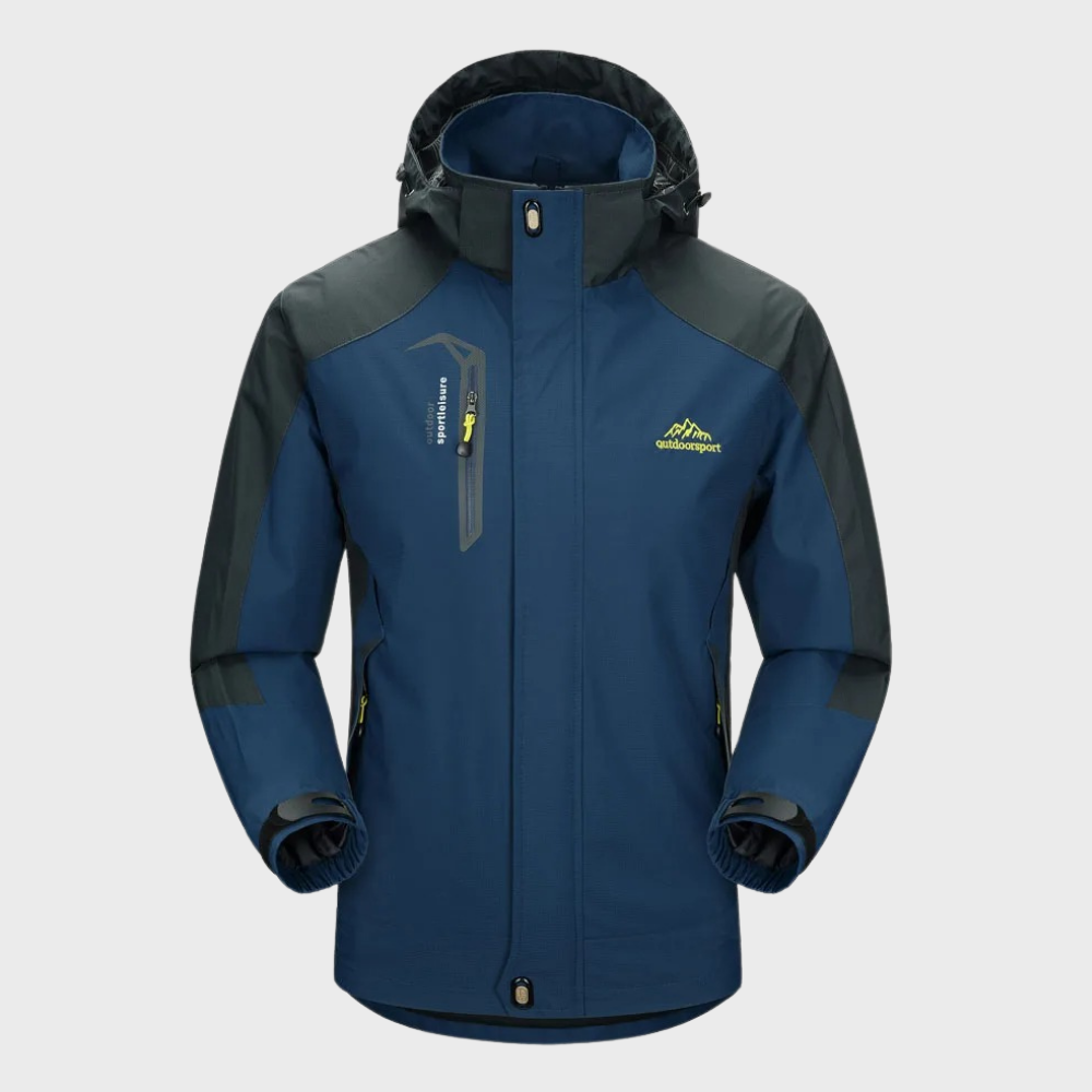 Dunkelblaue Herren-Outdoorjacke, wasserdicht, mit Kapuze, Reißverschlusstaschen, atmungsaktiv.