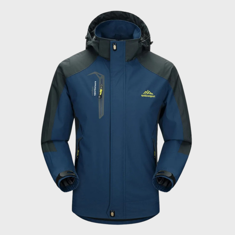 Dunkelblaue Herren-Outdoorjacke, wasserdicht, mit Kapuze, Reißverschlusstaschen, atmungsaktiv.