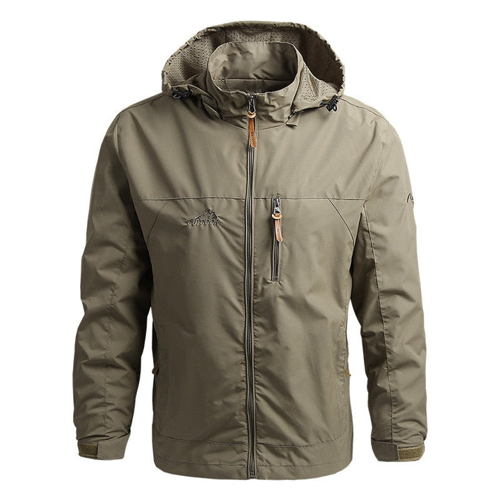 Herren Outdoor-Jacke, khaki, wasserdicht, mit Kapuze, Reißverschluss, winddicht.