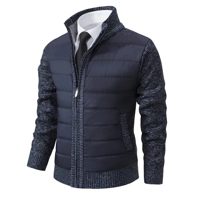 Dunkelblauer Herren-Strickjacke, gesteppt, warm, modisch, Herbst-Winter, Reißverschluss.