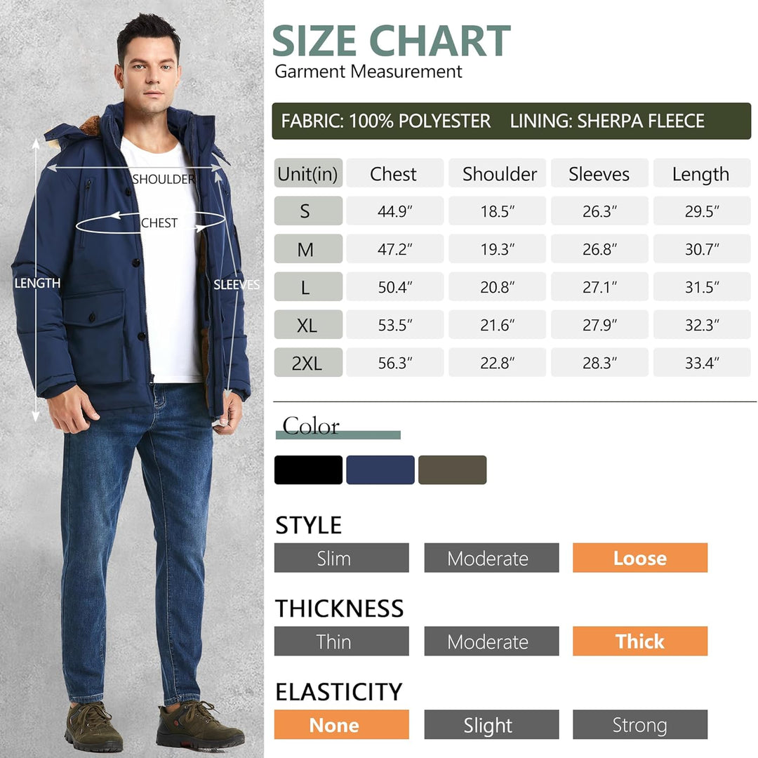Größentabelle für Herrenjacke, blau, Polyester, Sherpa-Fleece, Größen S-2XL, lockerer Stil.