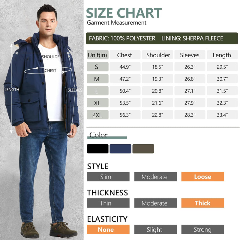 Größentabelle für Herrenjacke, blau, Polyester, Sherpa-Fleece, Größen S-2XL, lockerer Stil.