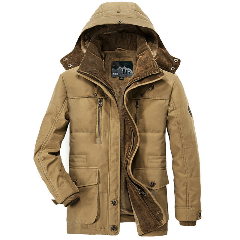 Herren-Daunenjacke mit Kapuze, beige, warm, Winterjacke, Outdoor, modisch, wasserabweisend.