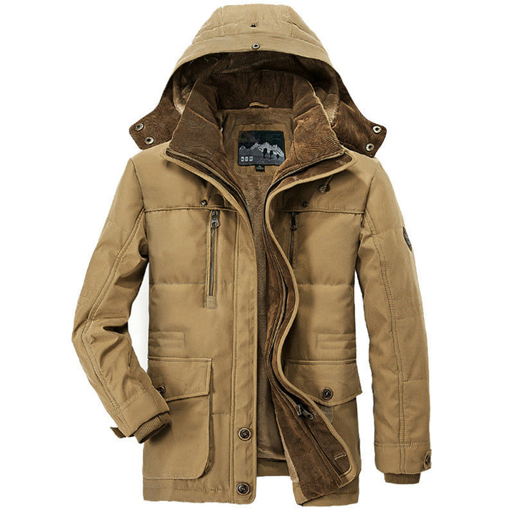 Herren-Daunenjacke mit Kapuze, beige, warm, Winterjacke, Outdoor, modisch, wasserabweisend.
