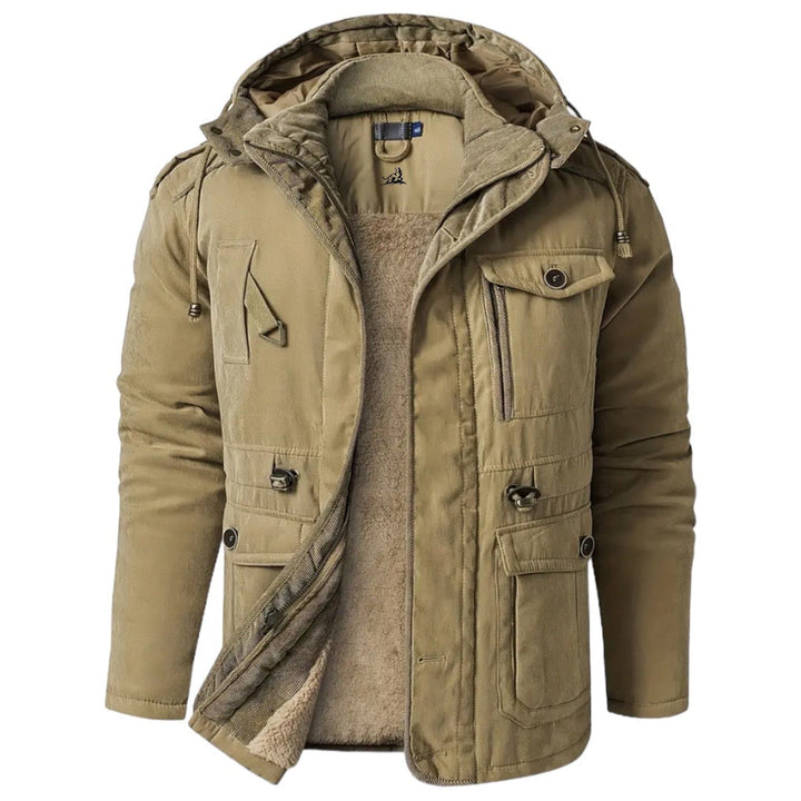 Khaki Herren Winterjacke mit Kapuze, warm gefüttert, mehrere Taschen, Outdoor-Bekleidung