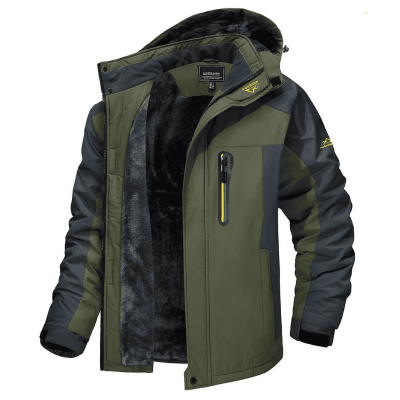 Grüne Herren-Winterjacke, wasserdicht, mit Kapuze und Fleece-Innenfutter, Outdoor-Bekleidung.
