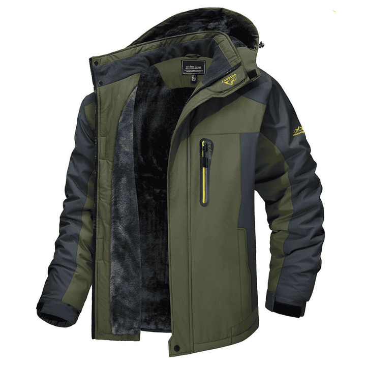 Grüne Herren-Winterjacke, wasserdicht, mit Kapuze und Fleece-Innenfutter, Outdoor-Bekleidung.