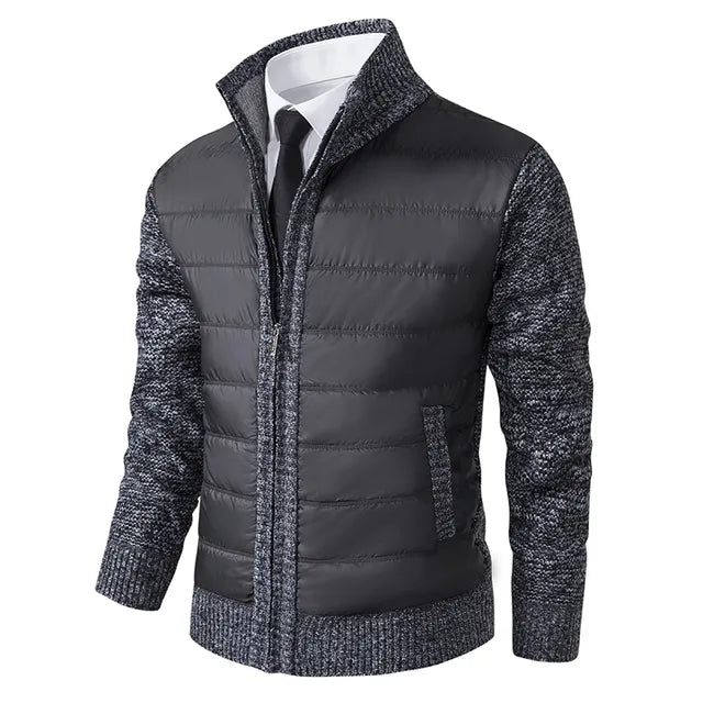 Herren Winterjacke, schwarz-grau, gesteppt, warm, modisch, casual, Reißverschluss, Strickärmel.