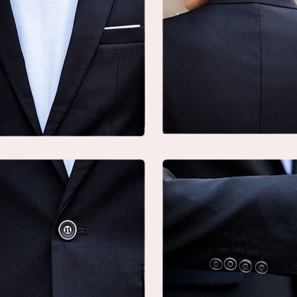 Schwarzer Herrenanzug, Nahaufnahme, Knopfdetails, elegantes Design, hochwertige Verarbeitung.