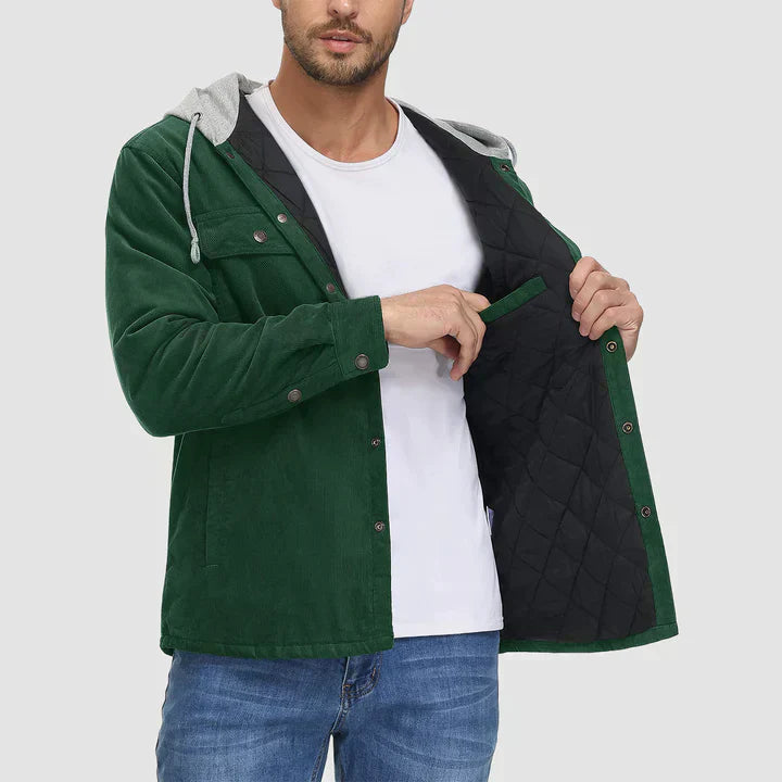 Grüne Cordjacke Herren mit Kapuze, gesteppt, Knopfleiste, 5 Taschen, Wintermode.