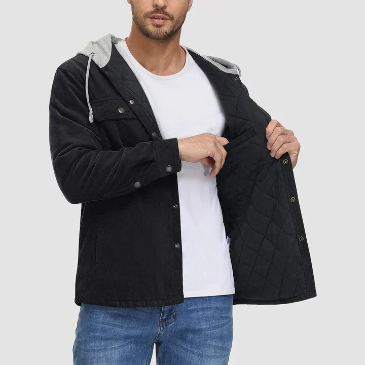 Schwarze Cordjacke Herren mit Kapuze, gesteppt, Knopfleiste, 5 Taschen, Wintermode.