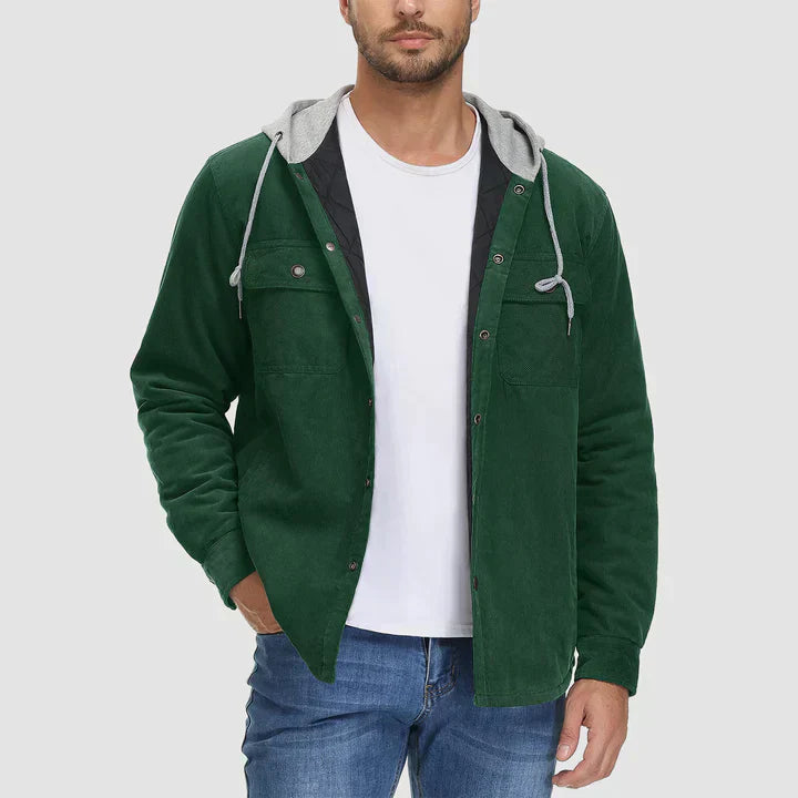 Grüne Herren-Cordjacke mit Kapuze, gesteppt, Knopfleiste, 5 Taschen, lässig, warm, Winter.