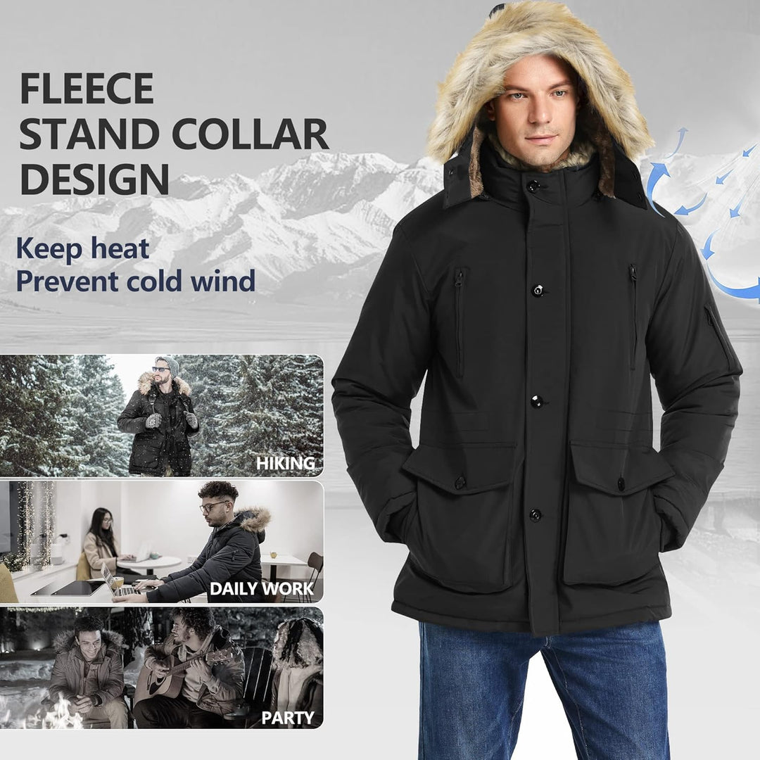Schwarze Herren-Winterjacke mit Fleece-Stehkragen, warm, winddicht, ideal für Outdoor-Aktivitäten.