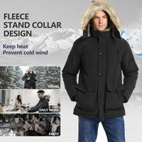 Schwarze Herren-Winterjacke mit Fleece-Stehkragen, warm, winddicht, ideal für Outdoor-Aktivitäten.