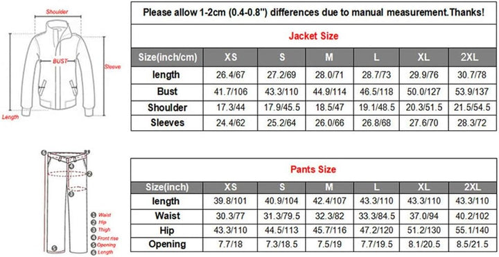 Größentabelle für Damenjacke und Hose, Maße in Zoll, inklusive Brust, Taille, Hüfte.