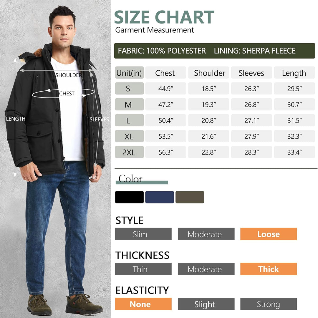 Größentabelle für Herrenjacke, schwarz, Polyester, Sherpa-Fleece, verschiedene Größen.